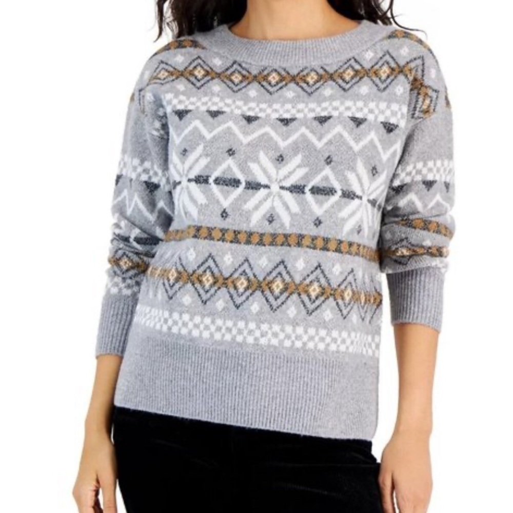 Style & Co Women's Size S Alpine Fair Isle Knit Pullover Sweater Gray Nordic